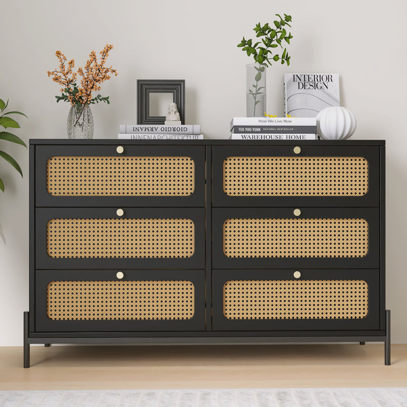 Modern Cannage Rattan Wood Closet 6 Drawer Dresser for Bedroom Living Room Entryway and Hallway Bayou Breeze Color Black